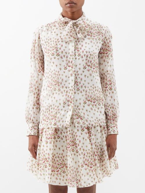 Giambattista Valli - Pussy-bow Tulip-print Silk Blouse - Womens - Pink Print
