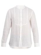 120 Lino Grandad-collar Embroidered-bib Linen Shirt