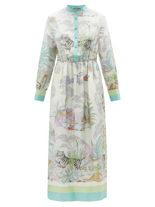 Gucci - Tiger-print Silk-twill Midi Dress - Womens - Green Multi