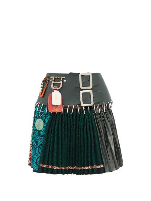 Matchesfashion.com Chopova Lowena - Leather Panel Recycled Wool Blend Skirt - Womens - Green