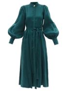 Ladies Rtw Aje - Gentle Lantern-sleeve Linen-blend Fil-a-fil Dress - Womens - Emerald