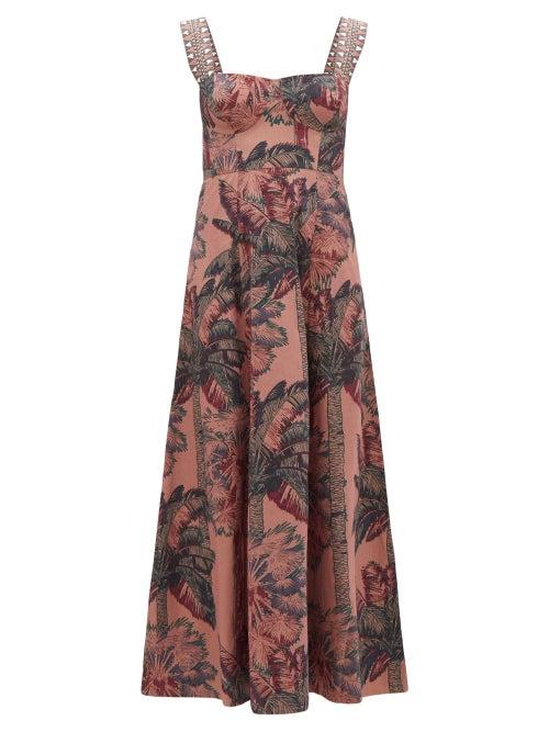 Emporio Sirenuse - Azzurra Palm Tree-print Cotton Maxi Dress - Womens - Brown Print