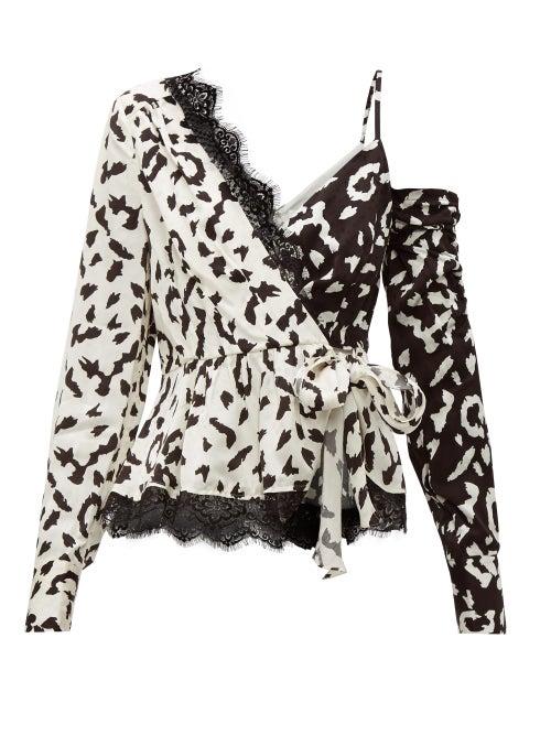 Matchesfashion.com Self-portrait - Leopard Print Asymmetric Satin Top - Womens - Black White