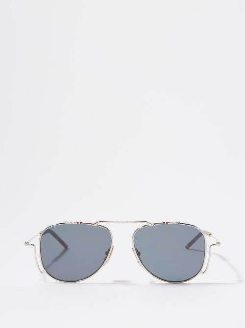Thom Browne Eyewear - Aviator Metal Sunglasses - Mens - Silver Grey