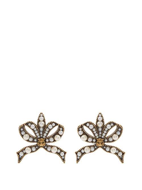 Matchesfashion.com Gucci - Faux Pearl And Feline Embellished Bow Earrings - Womens - Pearl