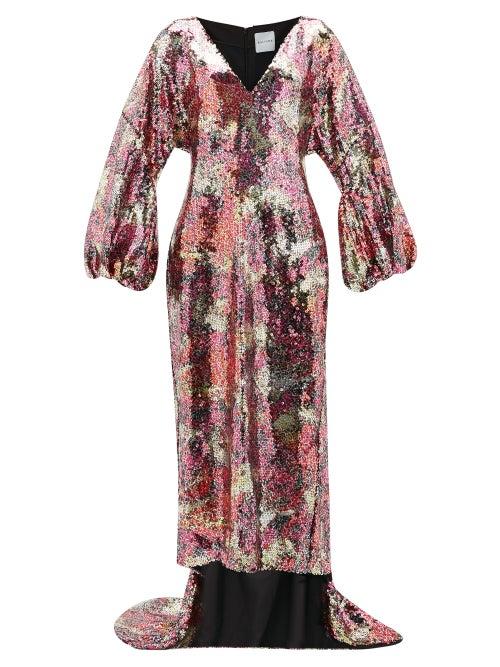 Matchesfashion.com Halpern - Balloon Sleeve Blossom-sequinned Gown - Womens - Pink Multi