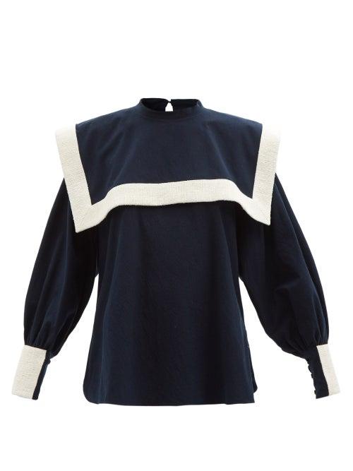 Les Vacances D'irina - Puritan Square-collar Linen Shirt - Womens - Navy White