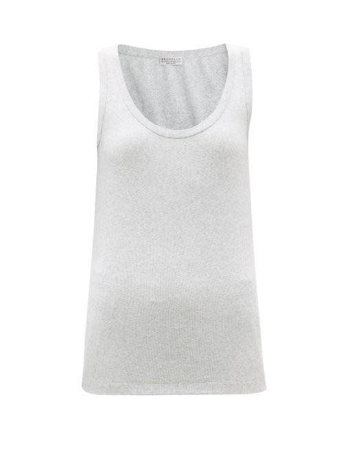 Ladies Rtw Brunello Cucinelli - Scoop-neck Ribbed Cotton-blend Jersey Tank Top - Womens - Light Grey