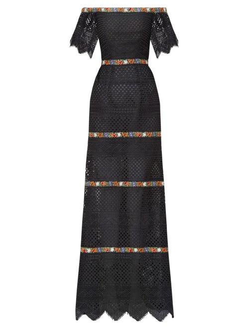 Matchesfashion.com Carolina Herrera - Floral-embroidered Guipure-lace Bardot Dress - Womens - Black Multi
