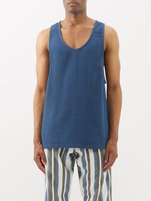 Marrakshi Life - Longline Cotton Tank Top - Mens - Blue