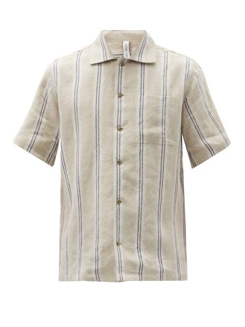 Matchesfashion.com Another Aspect - Striped Linen Short-sleeved Shirt - Mens - Blue Beige