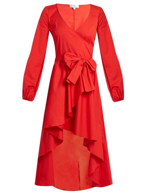 Matchesfashion.com Caroline Constas - Lena Asymmetric Hem Cotton Blend Wrap Dress - Womens - Red