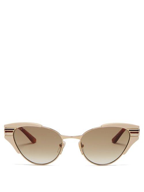 Matchesfashion.com Gucci - Striped Cat Eye Metal Sunglasses - Womens - Ivory Multi