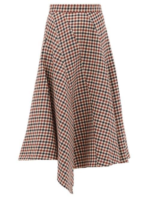 Matchesfashion.com Jw Anderson - Checked Asymmetric Hem Virgin-wool Midi Skirt - Womens - Brown Multi