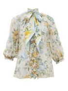 Matchesfashion.com Zimmermann - Lucky Floral-print Pussy-bow Silk-crepe Blouse - Womens - Blue Multi