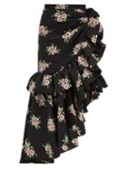 Matchesfashion.com Rodarte - Asymmetric Floral Print Cloqu Midi Skirt - Womens - Black Multi