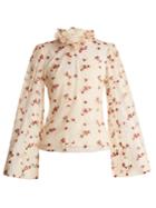 Luisa Beccaria Floral-embroidered Ruffled-neck Tulle Blouse