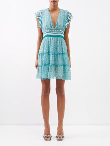 Lolita Jaca - Juliette V-neck Printed Silk Mini Dress - Womens - Turquoise
