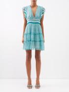 Lolita Jaca - Juliette V-neck Printed Silk Mini Dress - Womens - Turquoise