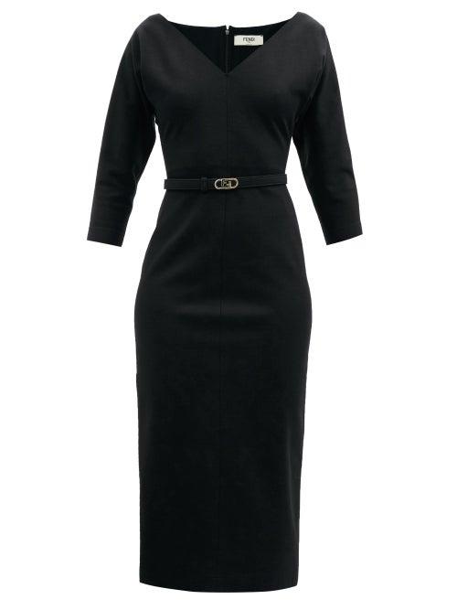 Fendi - Belted V-neck Wool-blend Midi Dress - Womens - Black