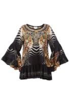 Matchesfashion.com Camilla - Lost Paradise-print Bell-sleeve Silk-crepe Dress - Womens - Black Multi