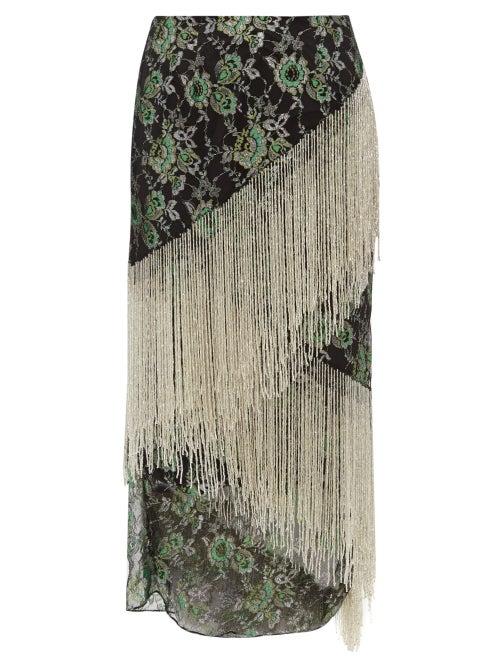 Matchesfashion.com Romance Was Born - Stardust Beaded Fringe Metallic Lace Skirt - Womens - Green Multi