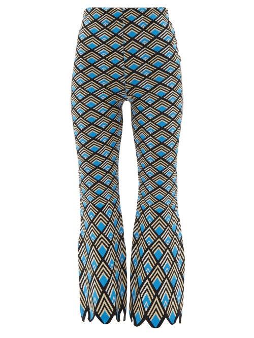 Paco Rabanne - Geometric-jacquard Flare-leg Trousers - Womens - Blue Multi