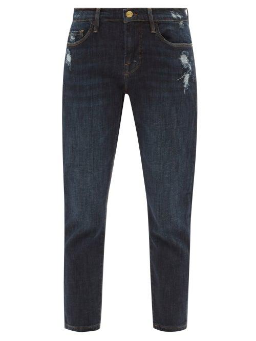 Frame - Le Garcon Cropped Distressed Slim-leg Jeans - Womens - Dark Denim