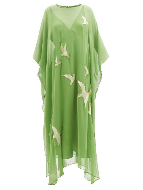 Fil De Vie - Stevie Dove-embroidered Silk-georgette Kaftan - Womens - Green Gold