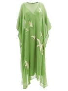 Fil De Vie - Stevie Dove-embroidered Silk-georgette Kaftan - Womens - Green Gold