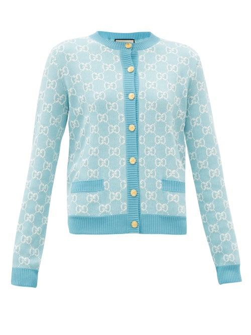 Matchesfashion.com Gucci - Gg-jacquard Wool-blend Cardigan - Womens - Blue White
