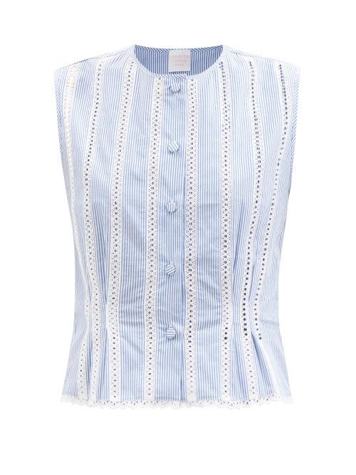 Loretta Caponi - Diamante Tape-lace Striped Cotton-poplin Top - Womens - Blue Stripe