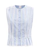 Loretta Caponi - Diamante Tape-lace Striped Cotton-poplin Top - Womens - Blue Stripe