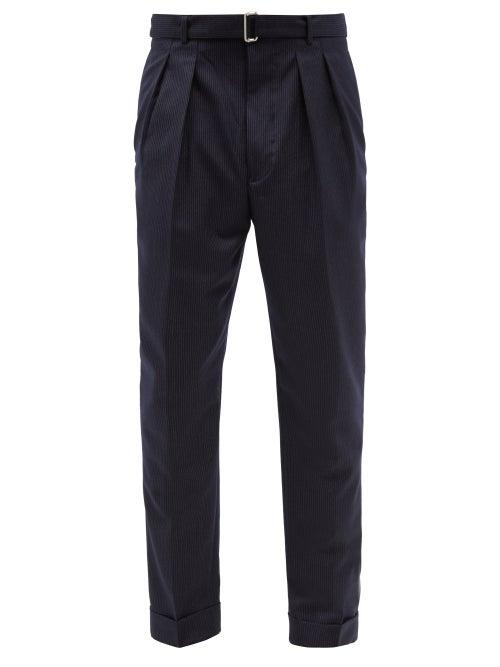 Mens Rtw Officine Gnrale - Pierre Belted Pinstriped Wool-fresco Suit Trousers - Mens - Blue Stripe