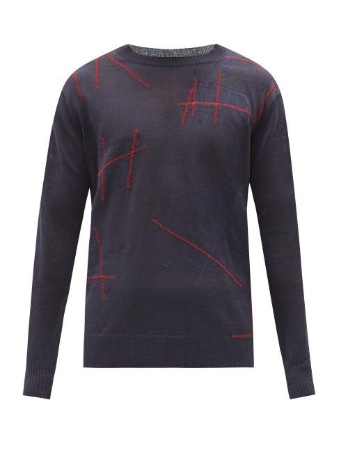 Matchesfashion.com Junya Watanabe - Embroidered Linen Sweater - Mens - Navy