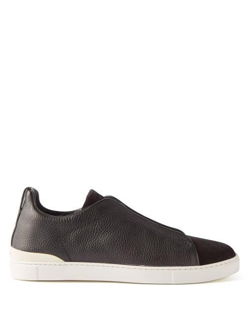 Zegna - Triple Stitch Leather Slip-on Trainers - Mens - Black