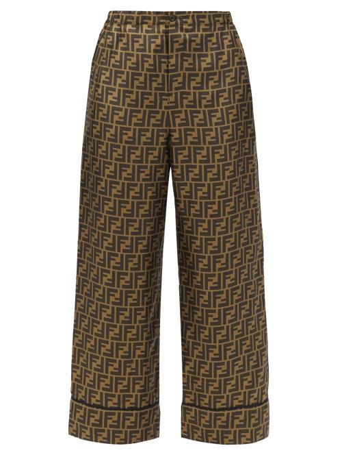 Matchesfashion.com Fendi - Ff-print Silk-satin Trousers - Womens - Brown Multi