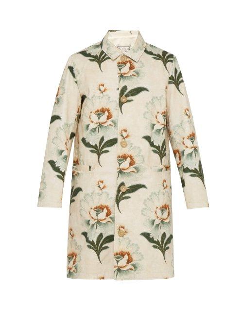 Matchesfashion.com By Walid - Lotus Print Single Breasted Cotton Canvas Coat - Mens - White Multi