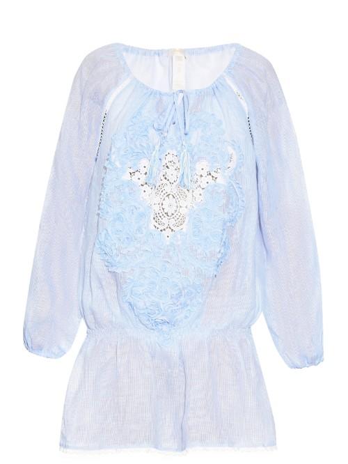 Emamò Floral-appliqu Pinstriped Linen Kaftan