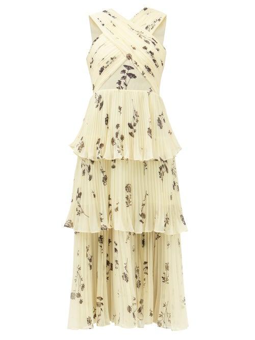 Self-portrait - Crossover-bodice Tiered Floral-chiffon Dress - Womens - Light Yellow