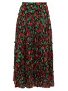 Matchesfashion.com Saloni - Celestine Floral-print Pleated Crepe Skirt - Womens - Black Multi