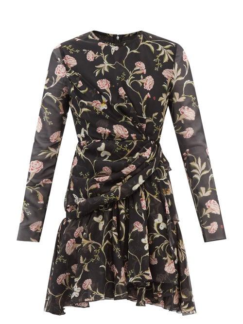 Giambattista Valli - Gathered Floral-print Silk-georgette Mini Dress - Womens - Black