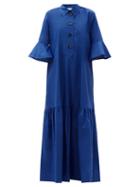 Matchesfashion.com La Doublej - Artemis Fluted-sleeve Cottton Maxi Shirt Dress - Womens - Dark Blue