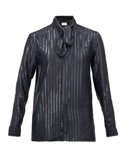 Matchesfashion.com Saint Laurent - Long-sleeved Metallic-striped Blouse - Womens - Navy