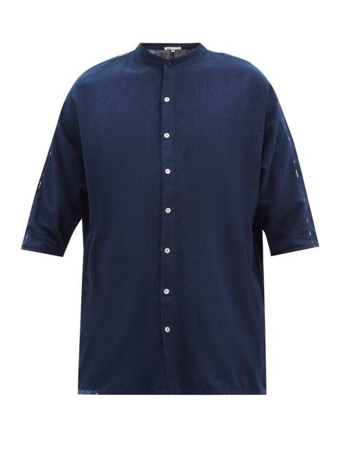 11.11 / Eleven Eleven - Topstitched Organic-cotton Shirt - Mens - Dark Blue