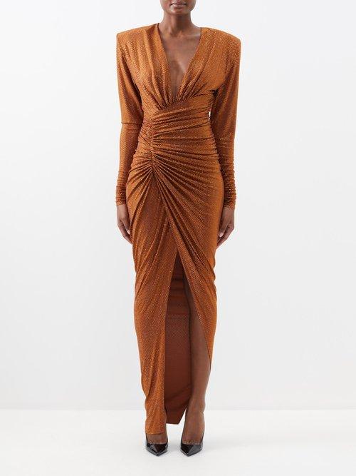 Alexandre Vauthier - Padded-shoulder Ruched Crystal-embellished Gown - Womens - Bronze