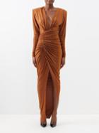 Alexandre Vauthier - Padded-shoulder Ruched Crystal-embellished Gown - Womens - Bronze