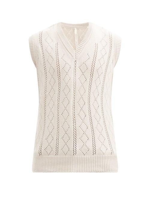 Sunflower - Argyle Open-work Cotton-blend Sweater Vest - Mens - Beige