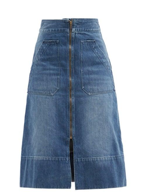 Ladies Rtw Ssone - Oak High-rise Recycled-cotton Denim Midi Skirt - Womens - Denim