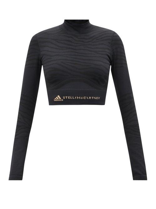 Adidas By Stella Mccartney - Zebra-print Recycled Fibre-blend Crop Top - Womens - Black